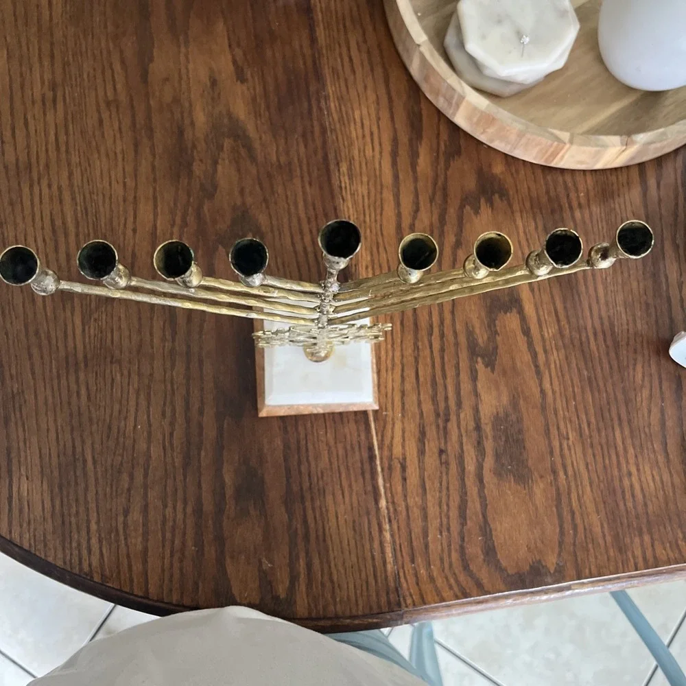 Metal Menorah With Snowflake Decor Hanukkah Brutalist Marble Wood Base See Photo